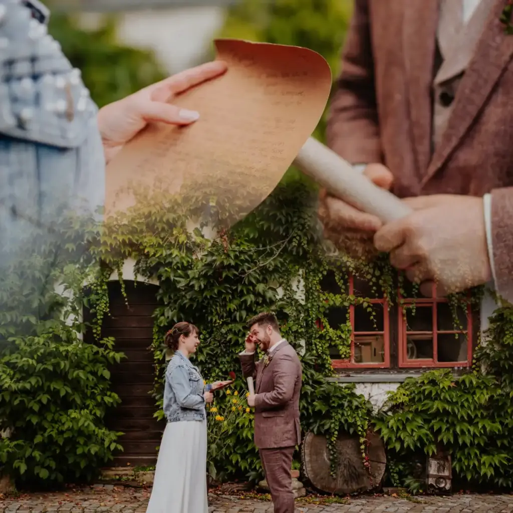 Ein Brautpaar liest sich bei einer herbstlichen Hochzeit bei Gera emotionale Traugelübte vor.